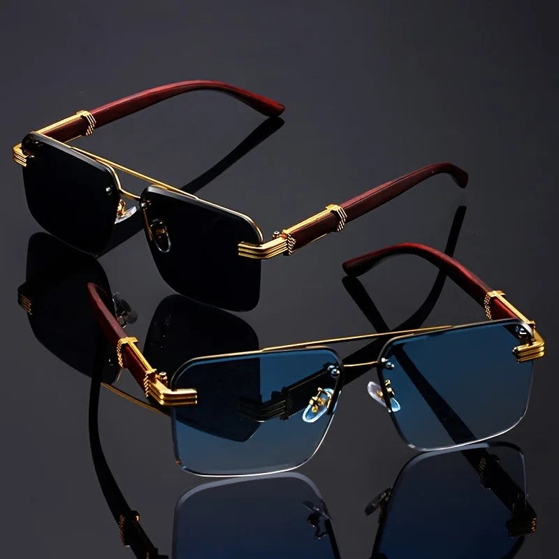 Black lens frameless sunglasses with gold temple arms and redwood-style frame tips