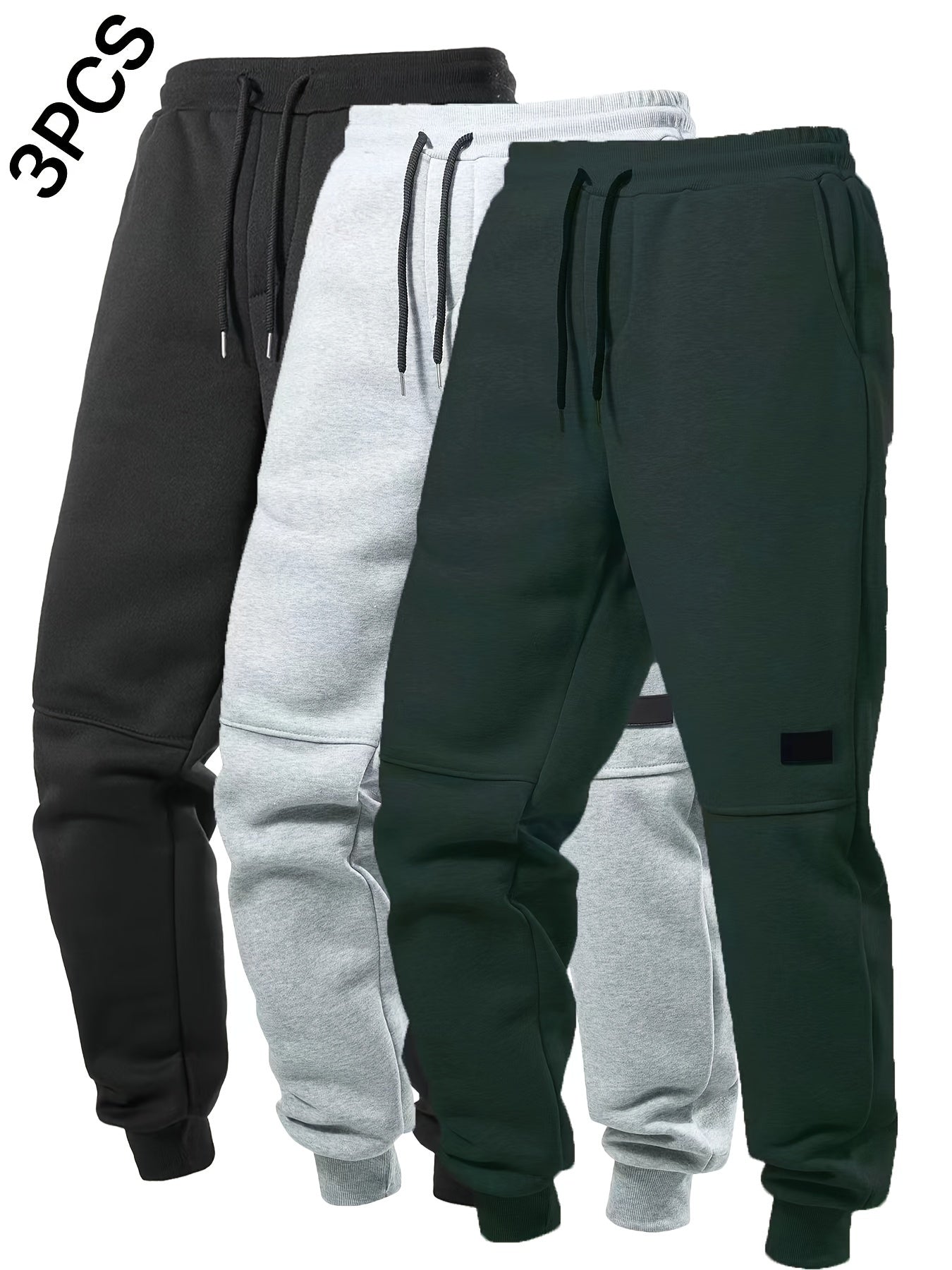 Black, light grey, and dark green 3-piece fleece jogger sweatpants