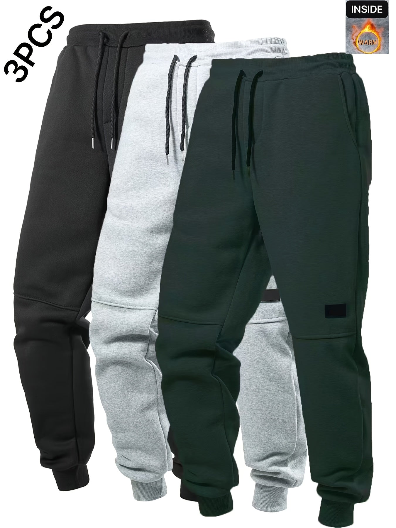 Black, light grey, and dark green fleece jogger sweatpants set