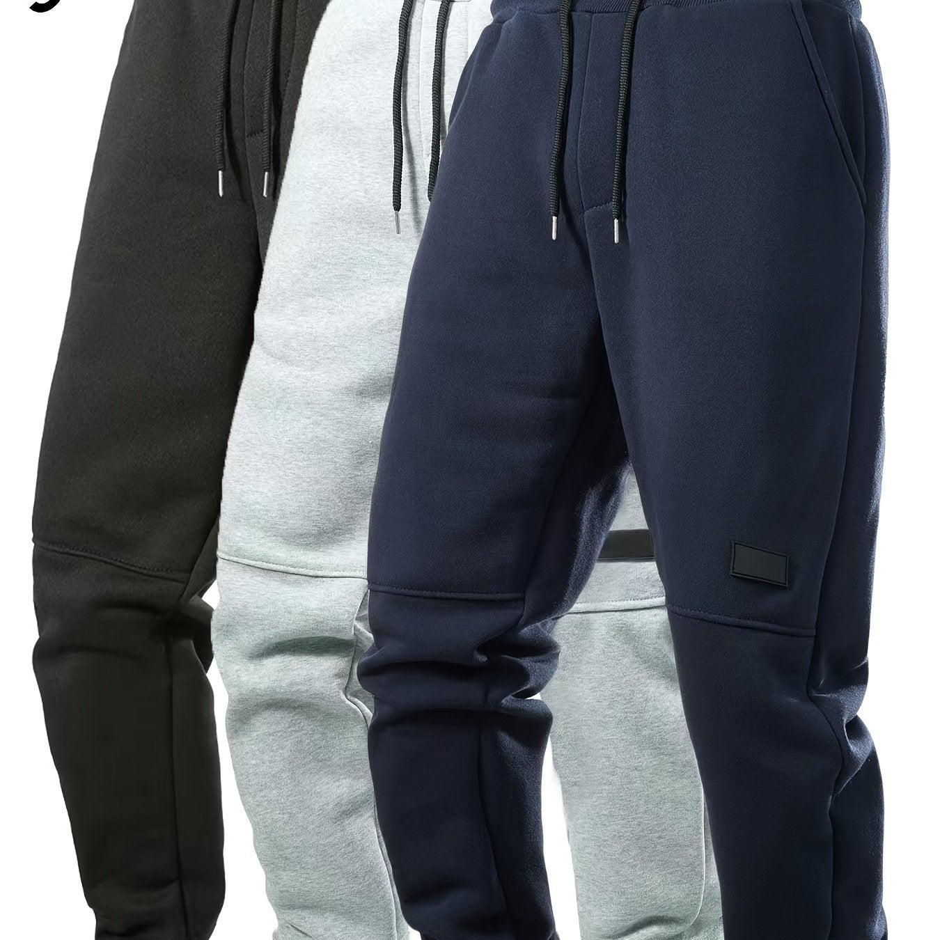 Black, light grey, and navy blue men's fleece jogger sweatpants