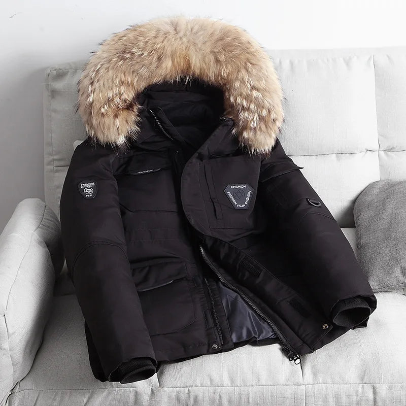 Black men’s down parka jacket with faux-fur hood, back angle view