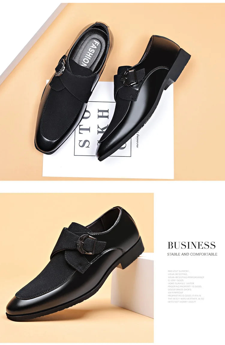 Black men’s leather loafers with buckle detail and slim shape
