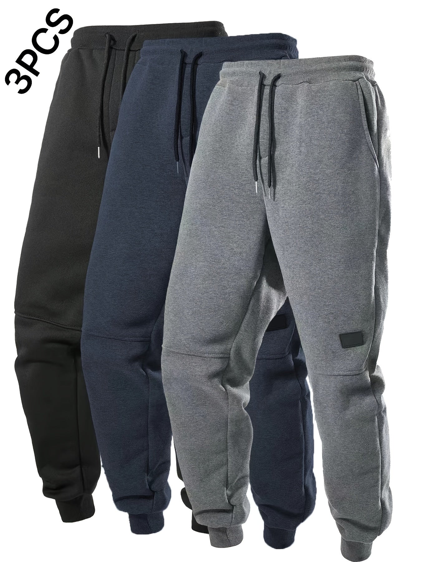 Black, navy, and dark grey men's fleece jogger pants pack