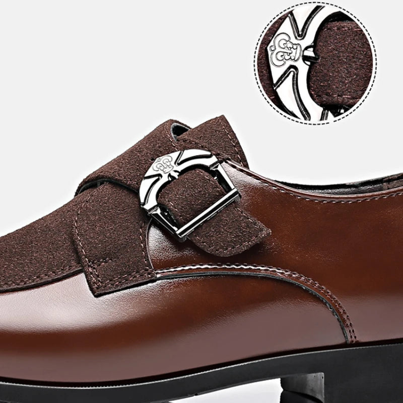 Black pointed toe men’s leather loafers with buckle design side angle
