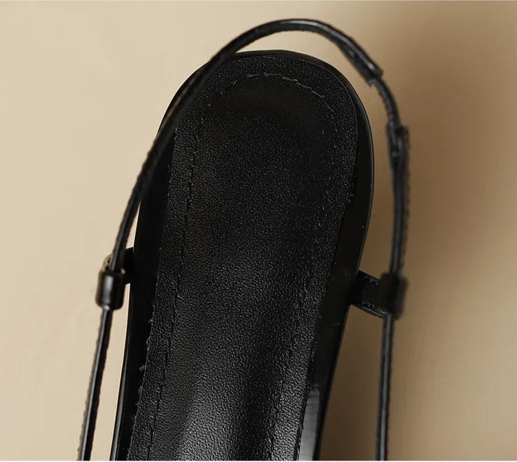Black slingback heel, back view showing strap