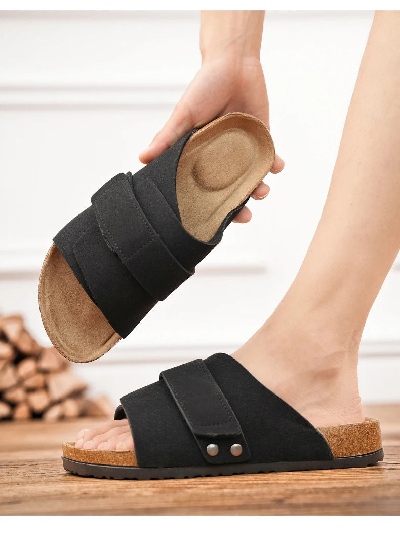 Black suede men's sandal with dual straps, foot wearing and second sandal shown from insole angle