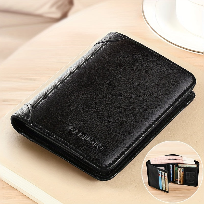 Black tri-fold wallet with full storage view, placed on soft beige surface