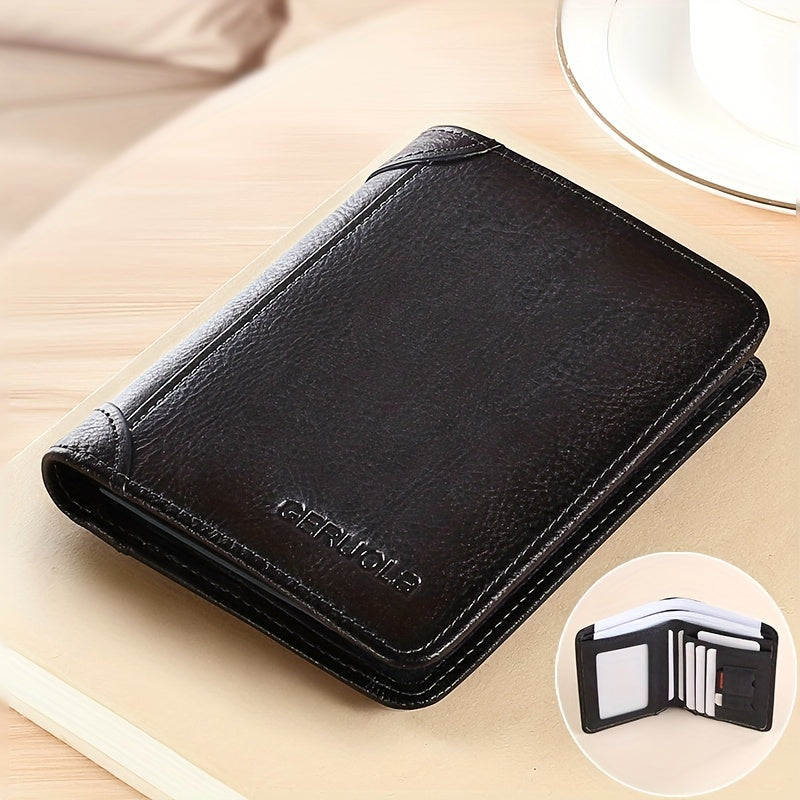 Blue Black bi-fold wallet with ID and card slots displayed in circular inset