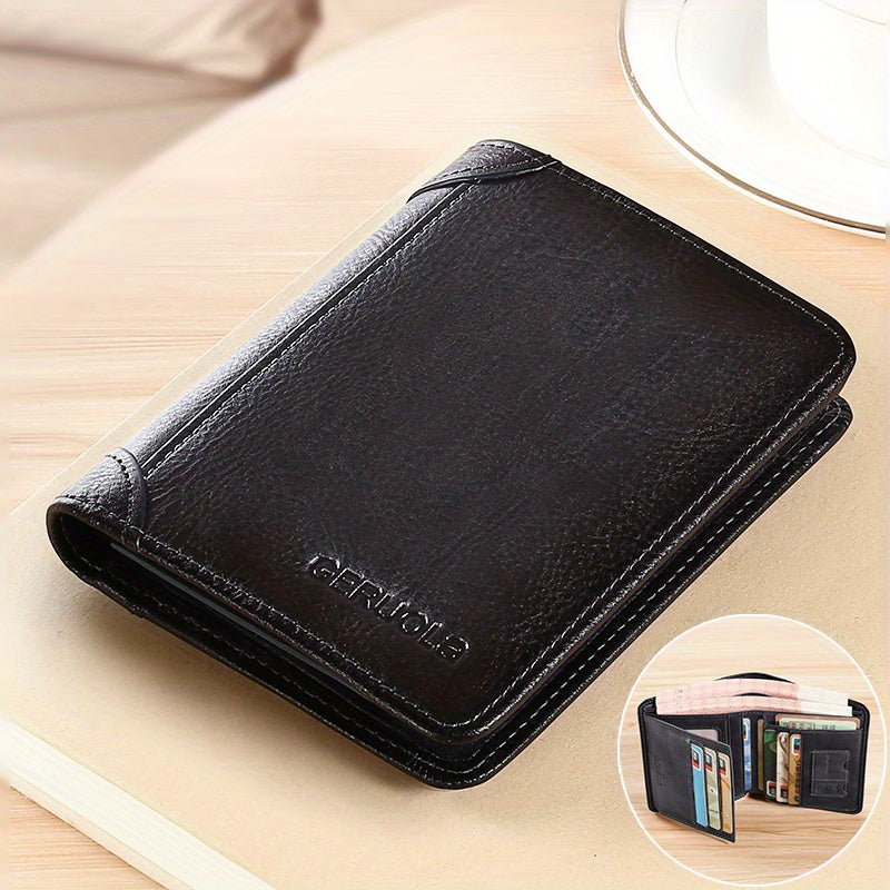 Blue Black tri-fold leather wallet with inset of interior card layout and cash compartments