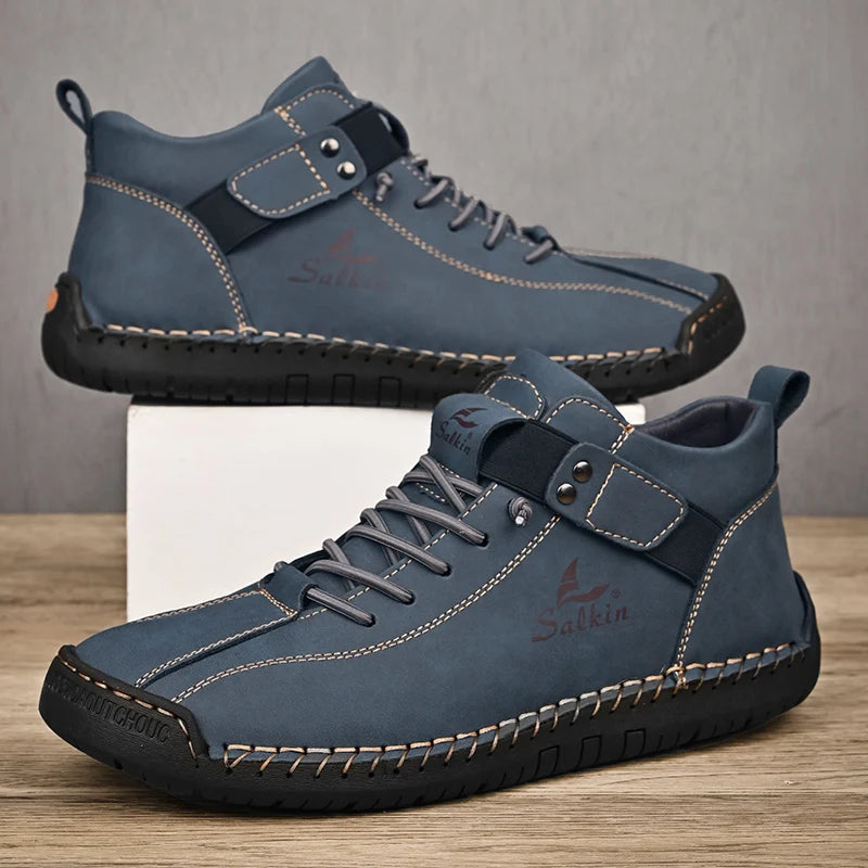 Blue split leather sneakers for men with flexible soles and easy-wear design