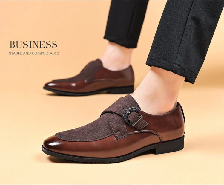 Brown and faux suede men’s leather loafers close-up of side and buckle