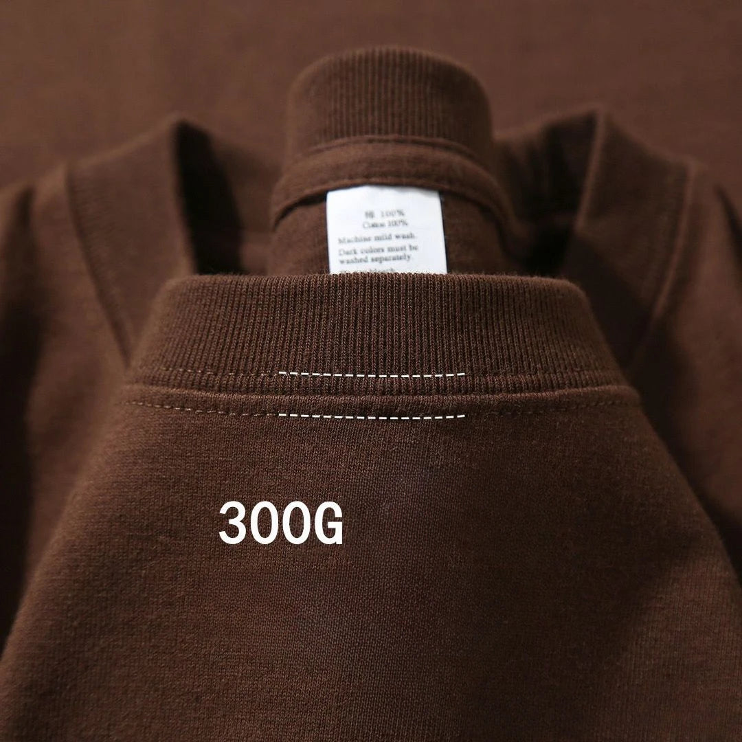 Brown heavyweight cotton T-shirt with ribbed collar and sturdy stitching