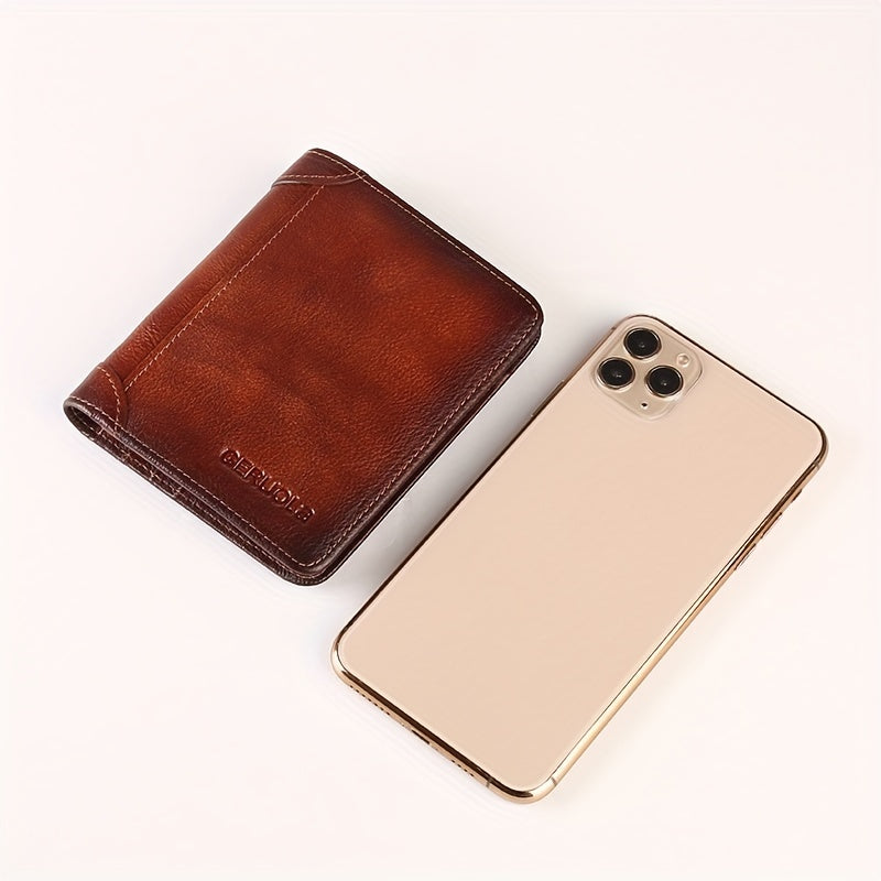 Brown leather wallet next to a gold smartphone, compact size comparison