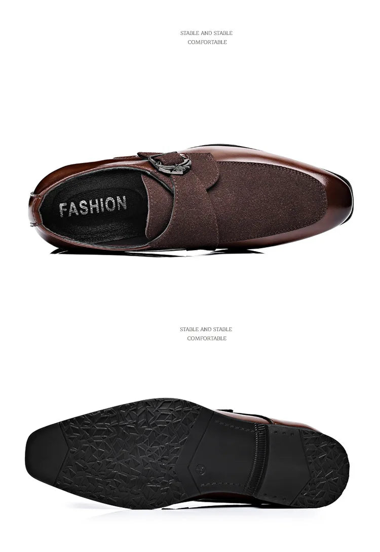 Brown men’s leather loafers close-up with single buckle detail