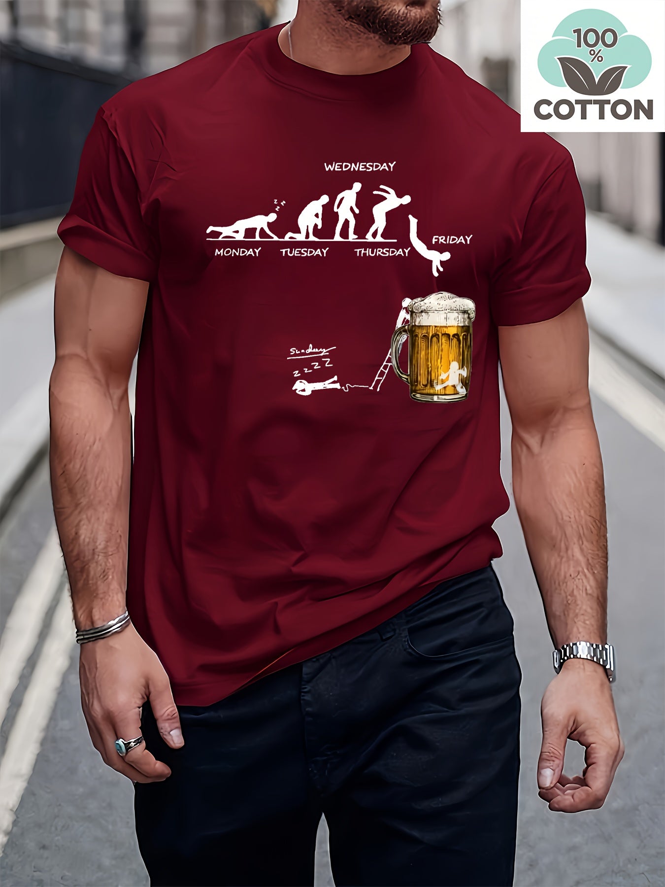 Burgundy cotton graphic T-shirt with weekday humor print and beer mug design, front view
