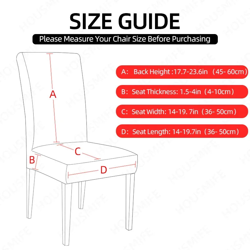 Chair cover size chart showing back height, seat width, and thickness measurements in cm/inch