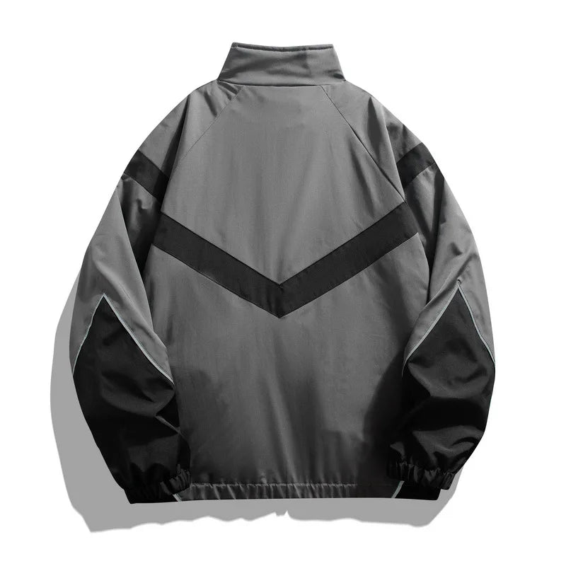 Charcoal gray windbreaker reflective sports jacket with high stand collar