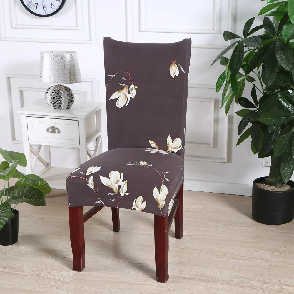 Chocolate brown chair cover with delicate magnolia flower print in classic decor setting