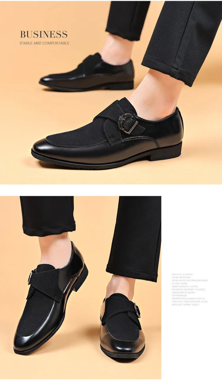Classic profile of black men’s leather loafers on white background