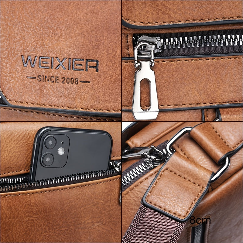 Close-up collage of stitching, zippers, phone slot, and hardware detail on crossbody bag