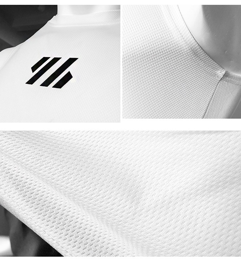 Close-up collage of white mesh athletic tank top showing logo, neckline, and fabric texture