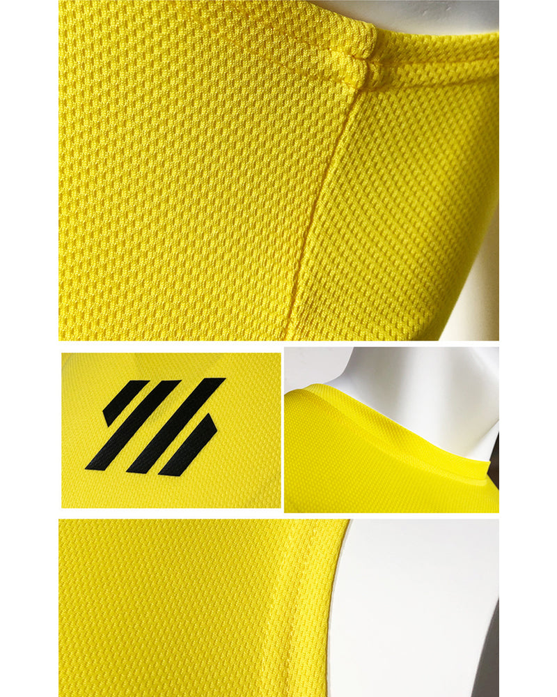 Close-up collage of yellow mesh training tank top showing stitching, logo, and fabric texture