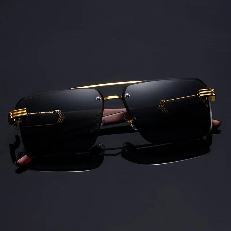 Close-up detail of nose pads and gold bridge on frameless sunglasses