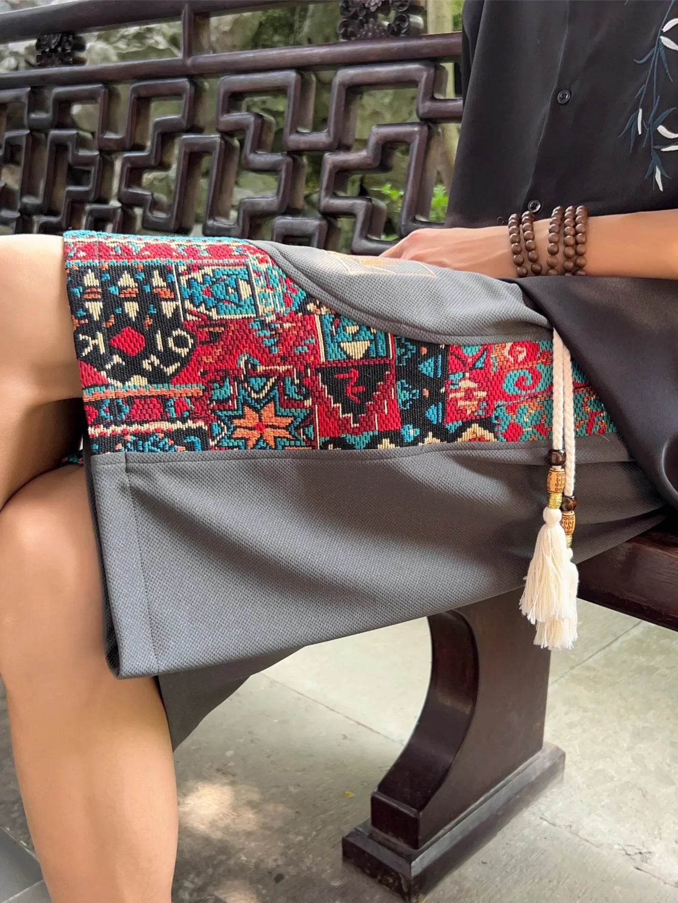 Ethnic Patchwork Drawstring Shorts - Montero Milan