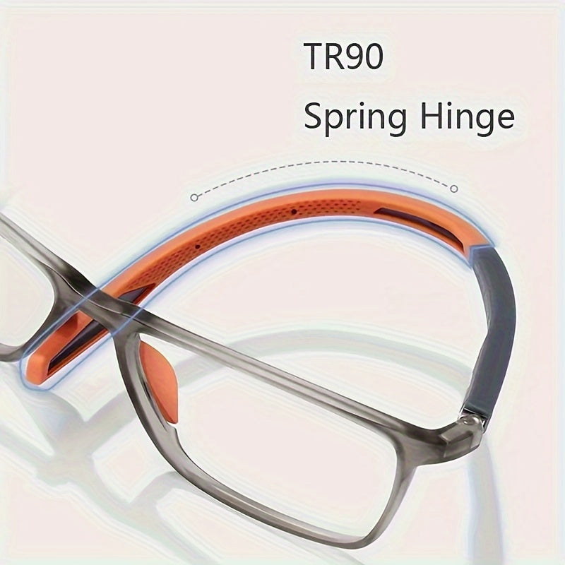 Close-up of spring hinge on orange and gray sport reading glasses