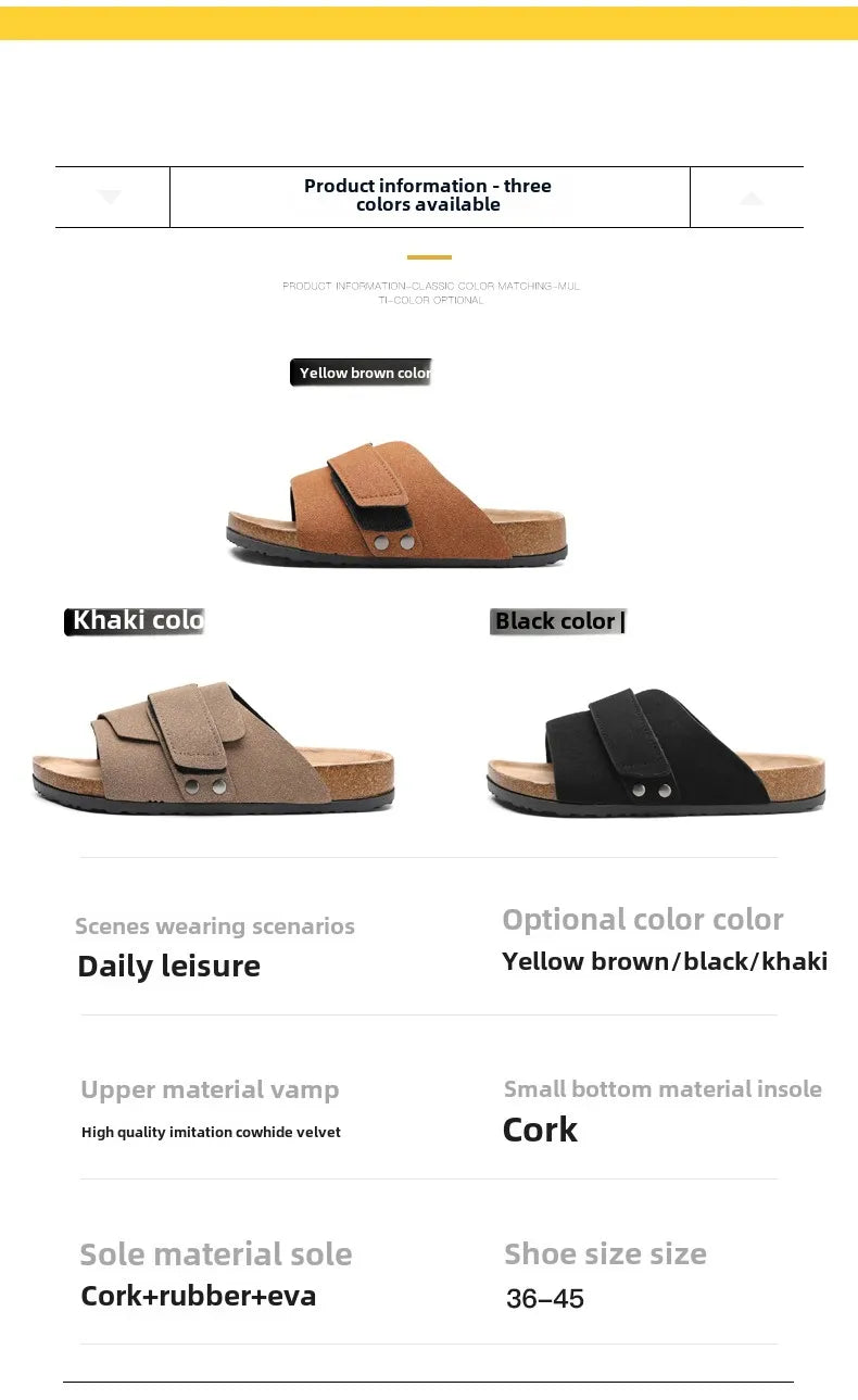 Close-up of yellow brown sandal side profile with dual strap and cork sole