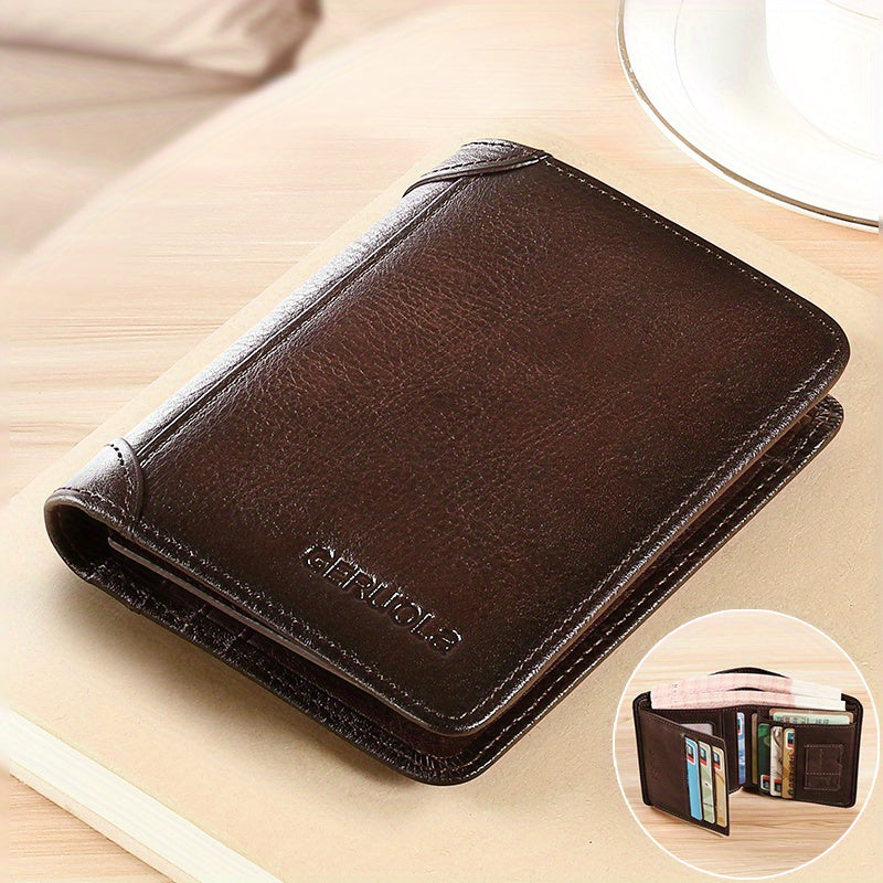 Coffee-colored tri-fold wallet on table with inset showing organized card and cash slots