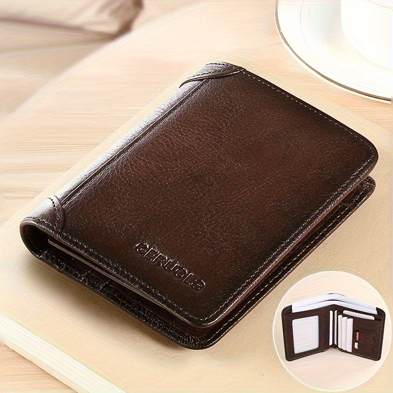 Coffee bi-fold wallet shown closed with inset of white card holders inside