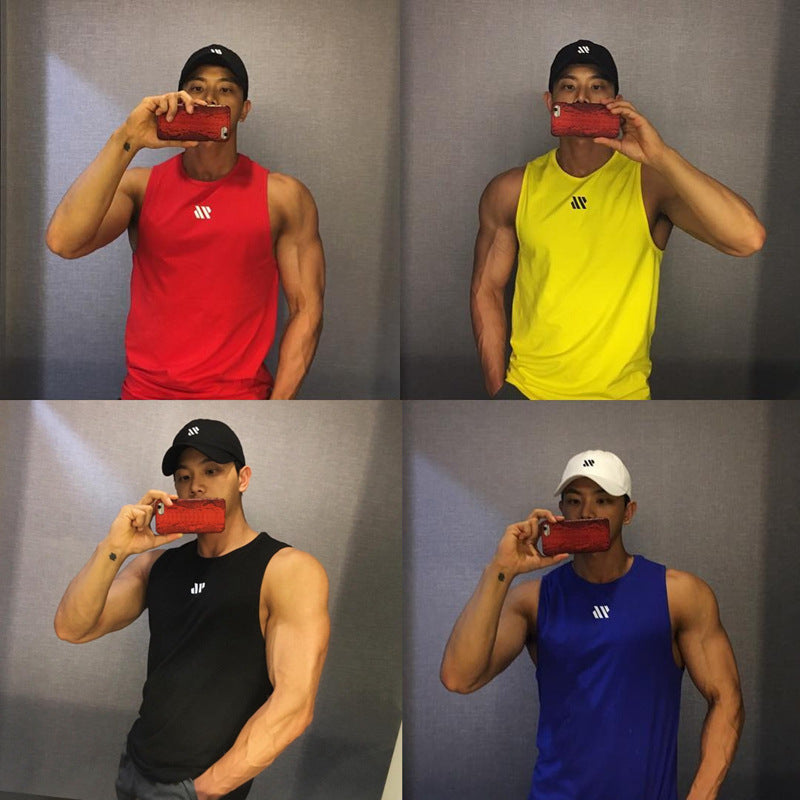 Collage of red, yellow, black, and blue mesh gym tank tops worn by model
