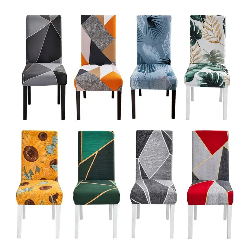 Collection of geometric and floral spandex chair covers in assorted styles