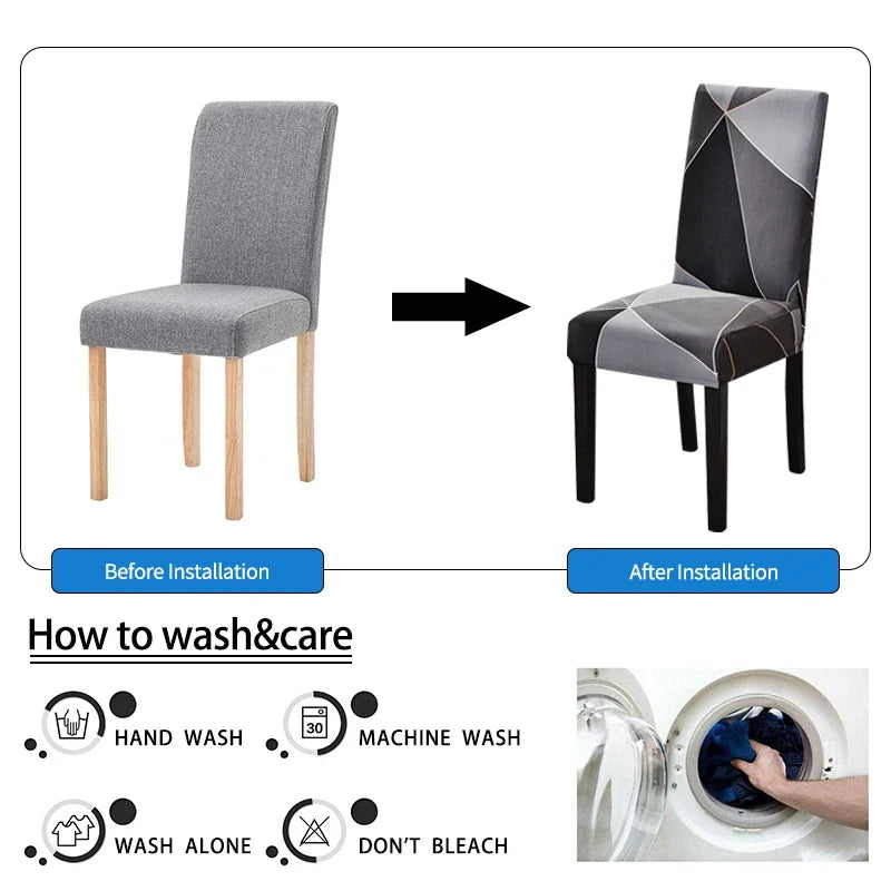 Comparison of plain gray chair and same chair with black geometric stretch cover applied