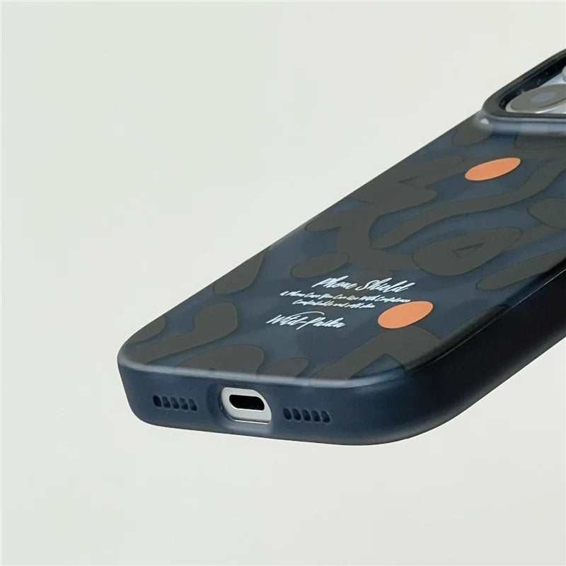 Dark gray graffiti iPhone 17 MagSafe case side angle showing charging port cut-out