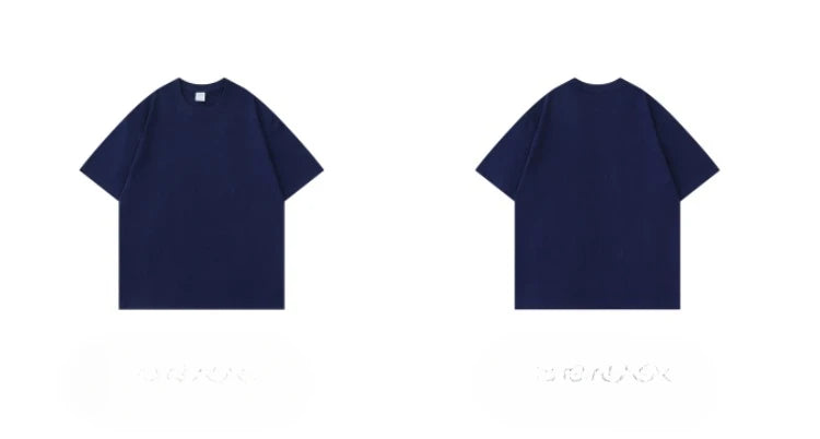 Deep navy heavyweight combed cotton T-shirt, flat front and back layout