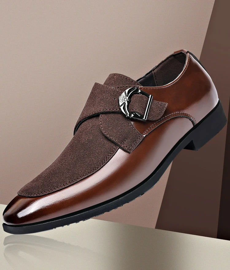 Detail view of brown faux suede texture and stitching on men’s leather loafers