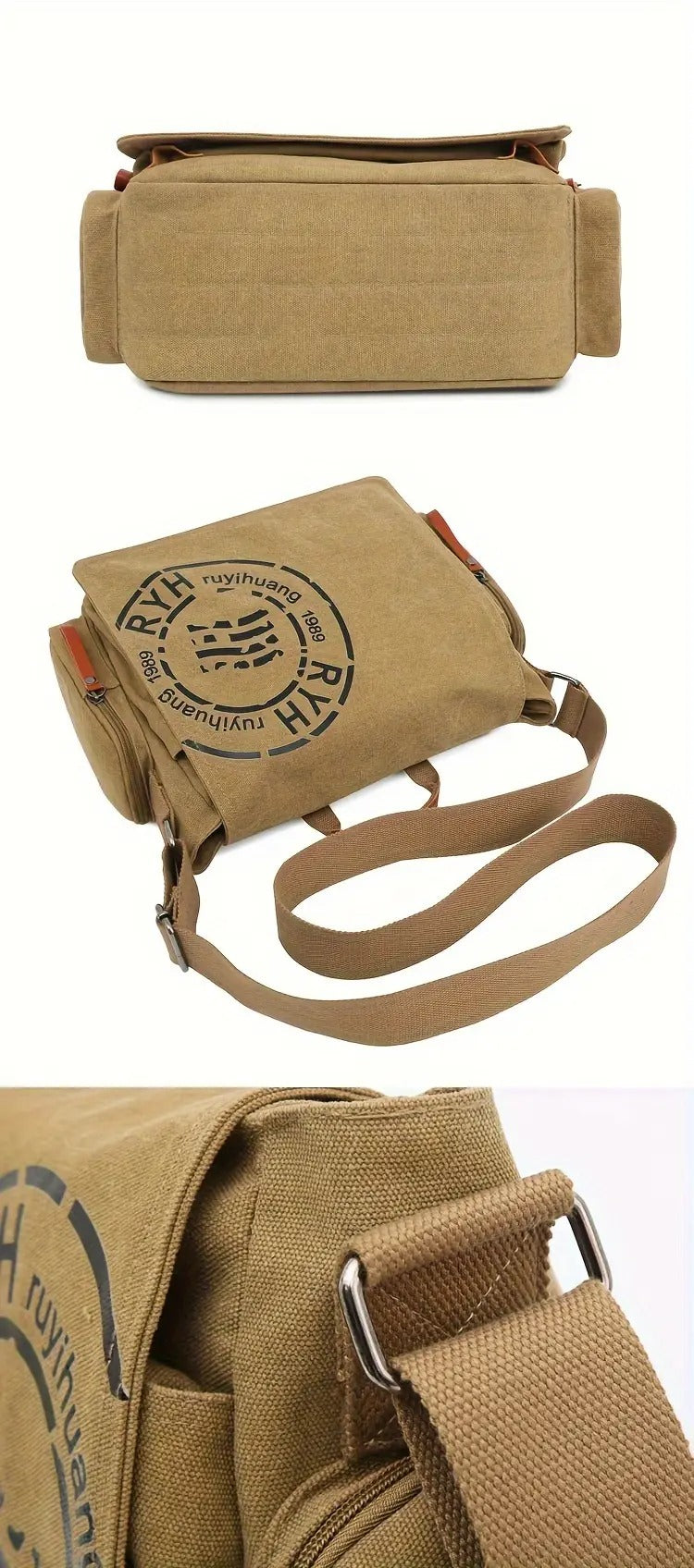 Disassembled parts of Montero Milan canvas messenger bag with strap