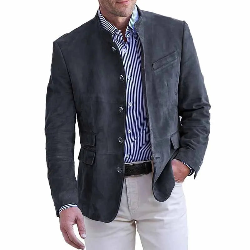 Drak Gray suede-look casual blazer for men with stand collar, front view styled with white trousers