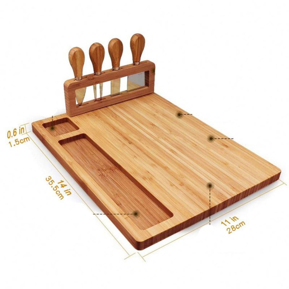 Empty bamboo charcuterie board showing dimensions and built-in knife slots