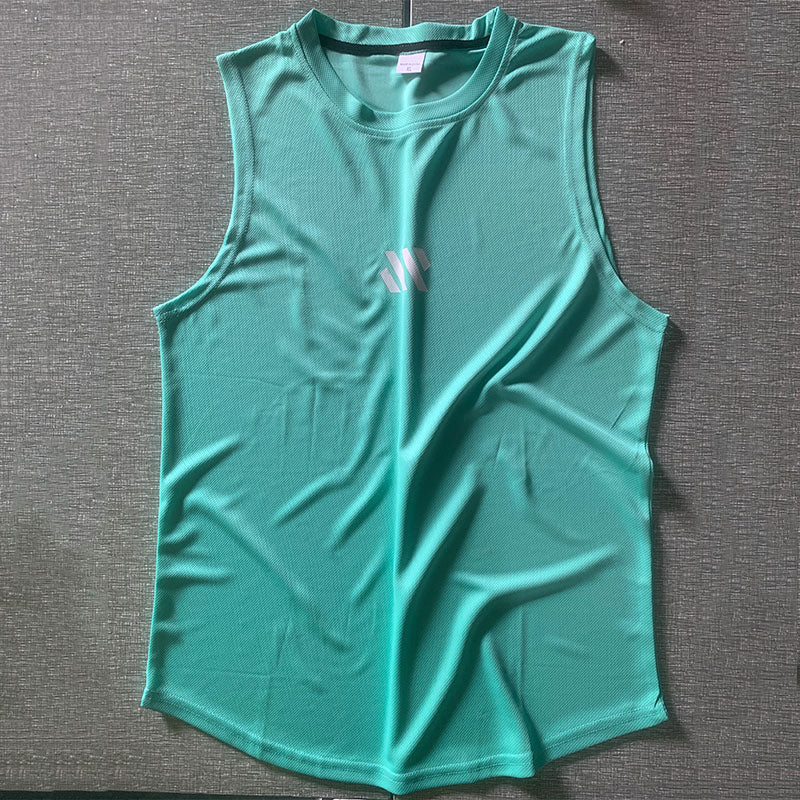 Flat lay of light blue mesh gym tank top with logo centered on chest