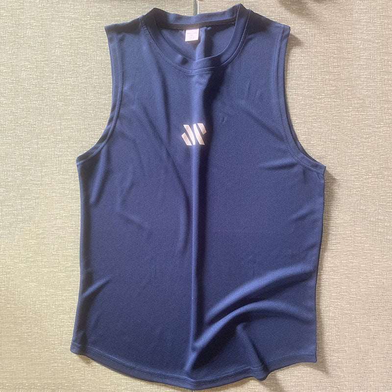 Flat lay of navy blue mesh training tank top with reflective chest logo