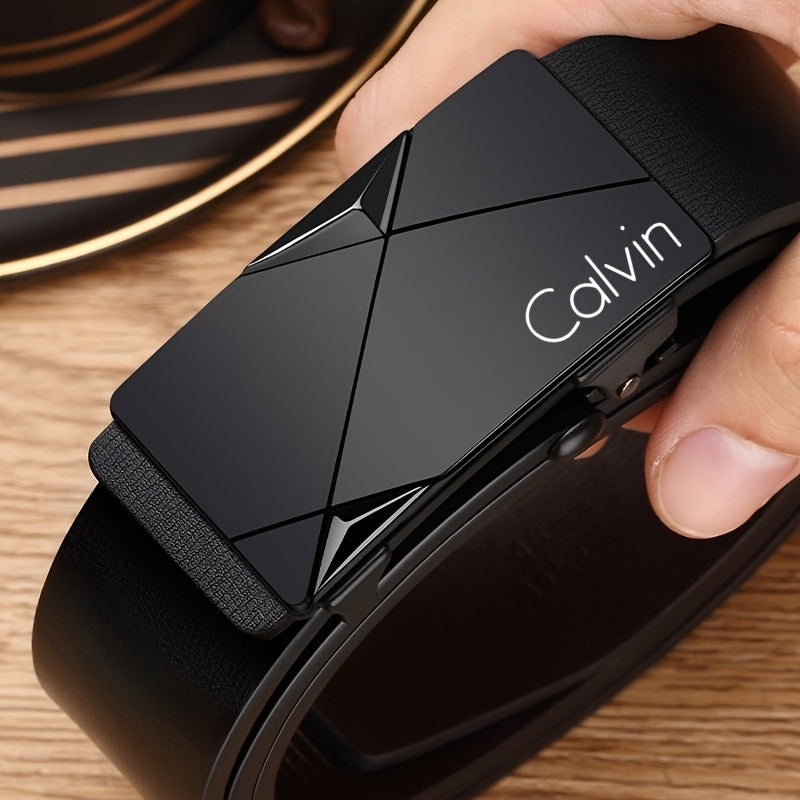 Flat view of Calvin men's automatic buckle belt with gold highlights