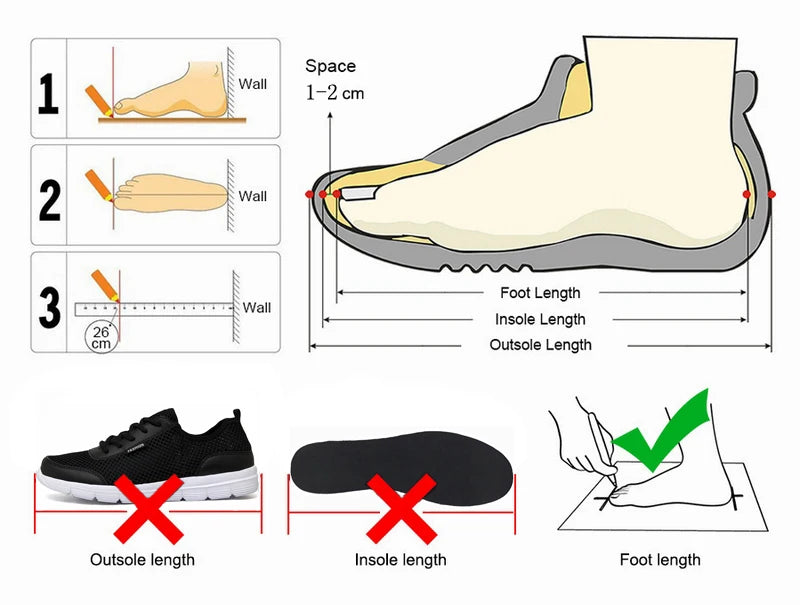Foot measurement guide showing how to measure correct foot length against wall for shoe sizing