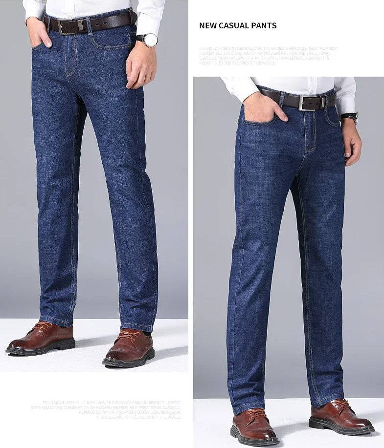 Front and angled view of model wearing blue slim-fit jeans with formal shirt