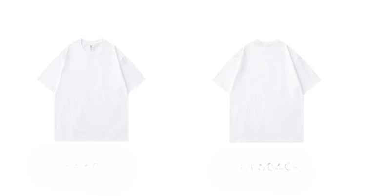 Front and back view of basic white 300g cotton T-shirt on plain background