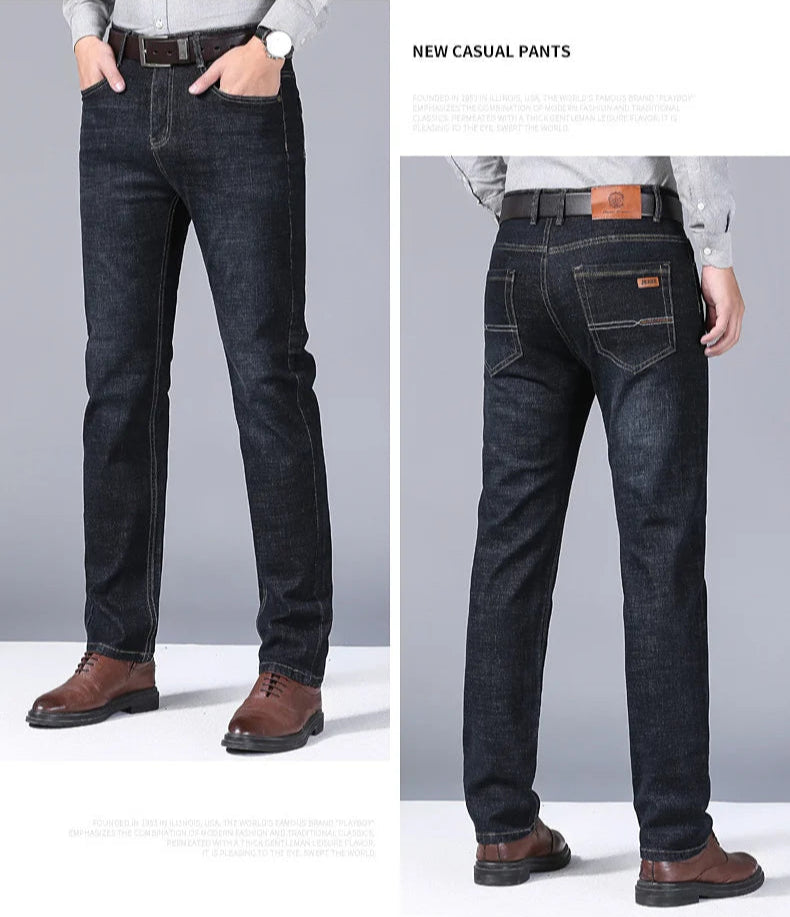Front and back view of model wearing black slim-fit jeans with grey shirt and brown shoes