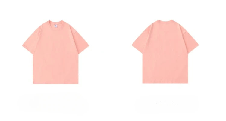 Front and back view of peach pink heavyweight cotton T-shirt on white background
