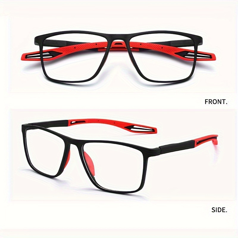 Front and side views of black sport reading glasses with bold red accents and red nose pads